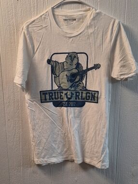 True Religion White T-Shirt with Navy Graphic Buddha and Guitar